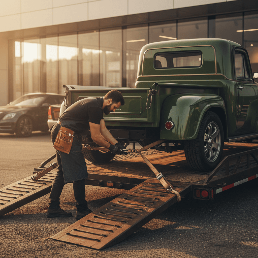 Single vehicle being secured on transport trailer