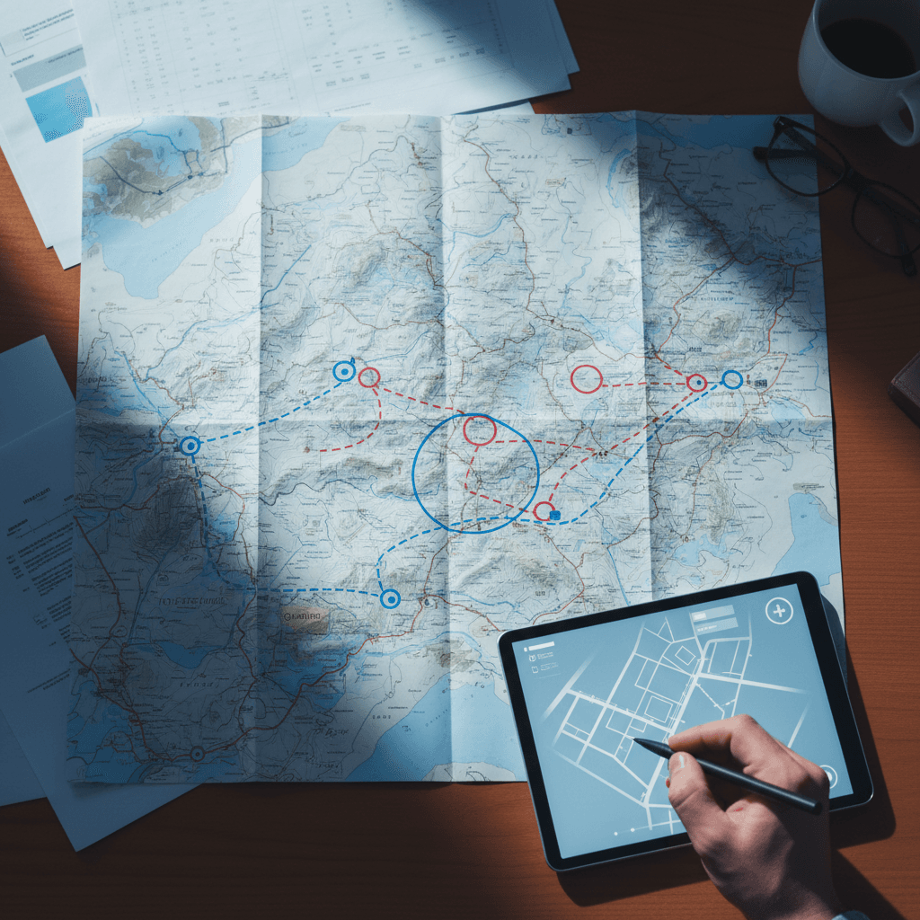 Route planning map and logistics tablet with highlighted pickup and delivery points
