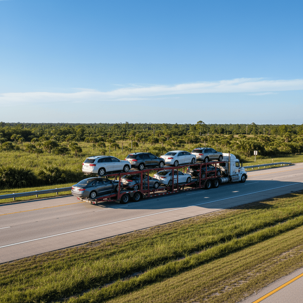 Car hauler on Central Florida highway showing service area coverage