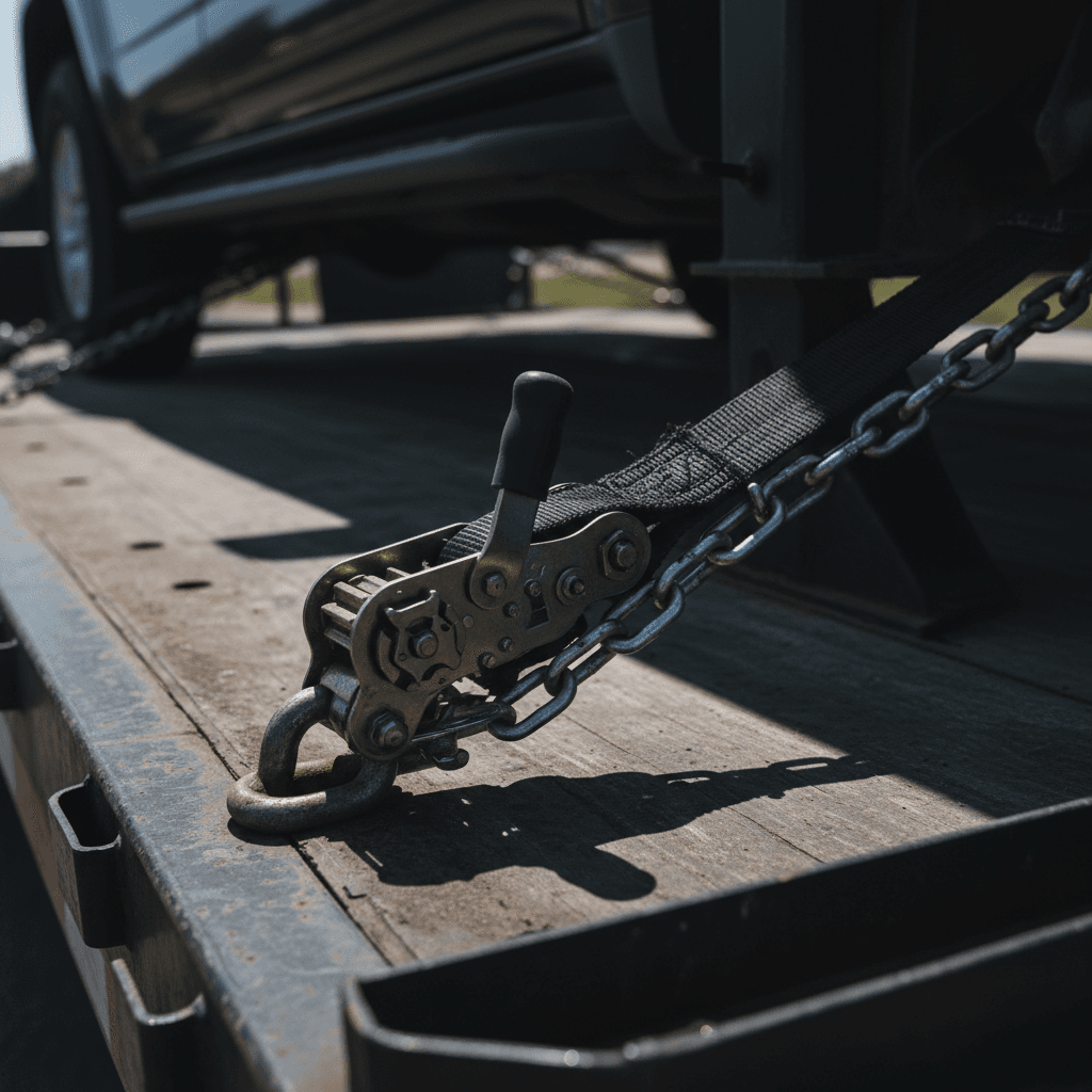 Heavy-duty chains and ratchet straps securing vehicle to flatbed