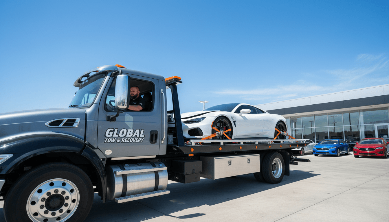 Professional flatbed tow truck loaded with vehicle at Orlando dealership